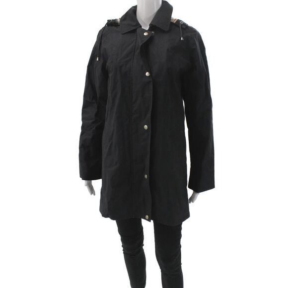 Burberry Jackets & Blazers - Burberry Womens Raincoat Black Cotton Check Snap Closure Size S